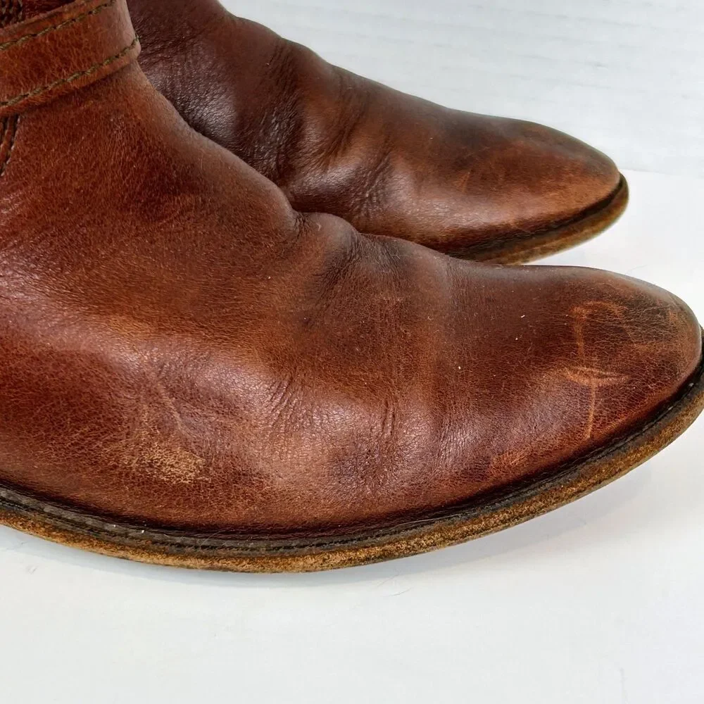 Frye Shirley Pull Riding Boots Full Leather Knee High Buckles Cognac Brown 6.5